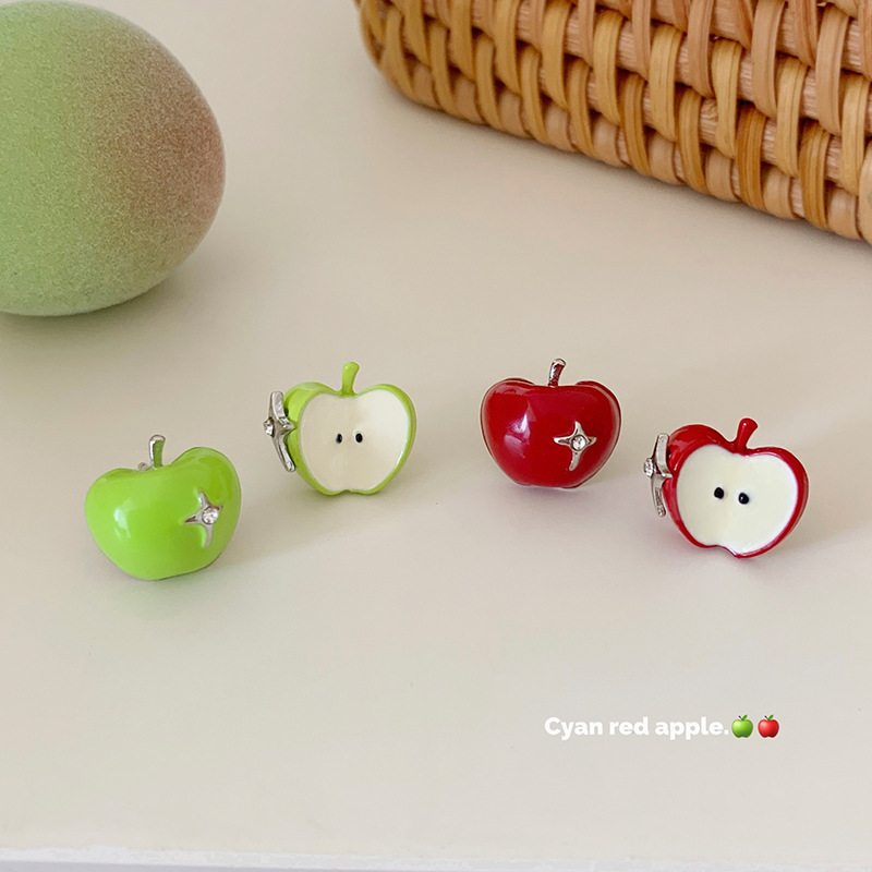 summer fresh children‘s fun green apple red apple stud earrings female silver needle girlish style niche drop oil cute earrings