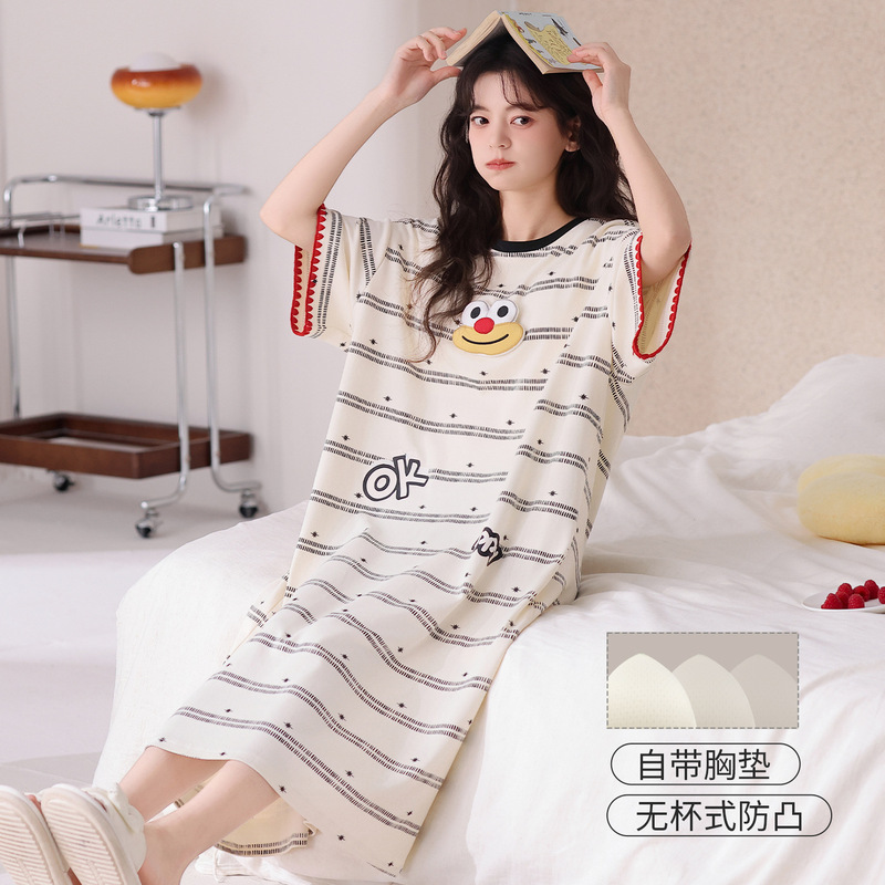 100% pure cotton short-sleeve nightgown for women, summer plus-size loose maternity sleep dress with chest pads, can be worn as home wear 100% pure cotton short-sleeve nightgown for women, summer plus-size loose maternity sleep dress with chest pads, can be worn as home wear