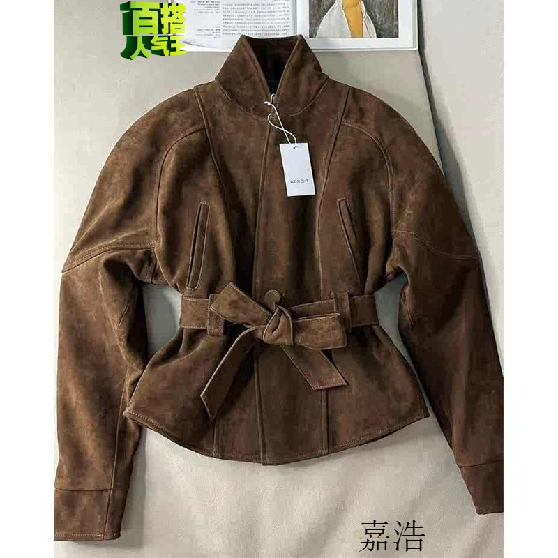 美拉德咖色麂皮绒收腰型短外套韩系好看感轻熟风防风风衣|undefined