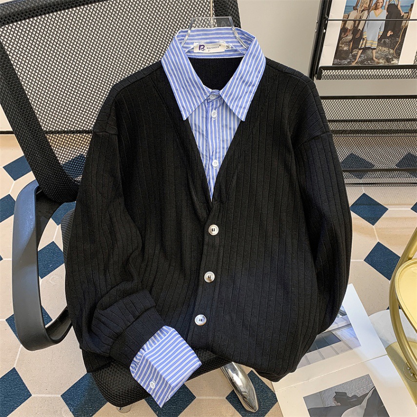 Otoño y invierno nuevo suéter cardigán hombre retro jacquard contraste delgado camiseta de punto casual chaqueta con solapa manga larga