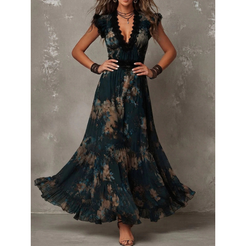 2026 Vintage Dark Green Floral Lace Dress with Flutter Sleeves, Waist-Cinching, Large Hem, Chiffon Vacation Long Dress