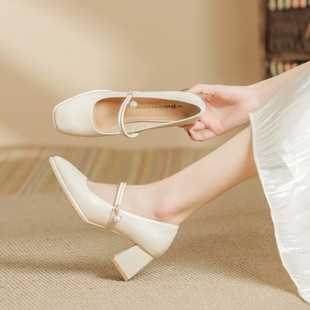 2023 Summer New Fairy Shoes Small Square Toe Thick Heel Shallow Mouth Gentle Evening Breeze Mary Jane High Heels Single Shoes