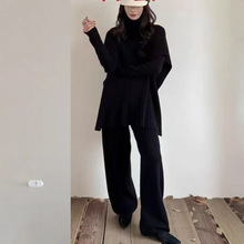 大码女装气质高级感套装秋冬新款高领斗篷上衣显瘦休闲裤子三件套