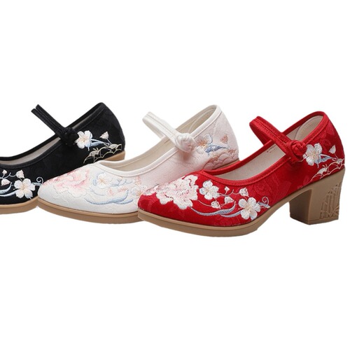 High-heeled shoes for women, square heel, shallow mouth, round toe embroidery, sexy slimming nightclub single shoes, wedding shoes
