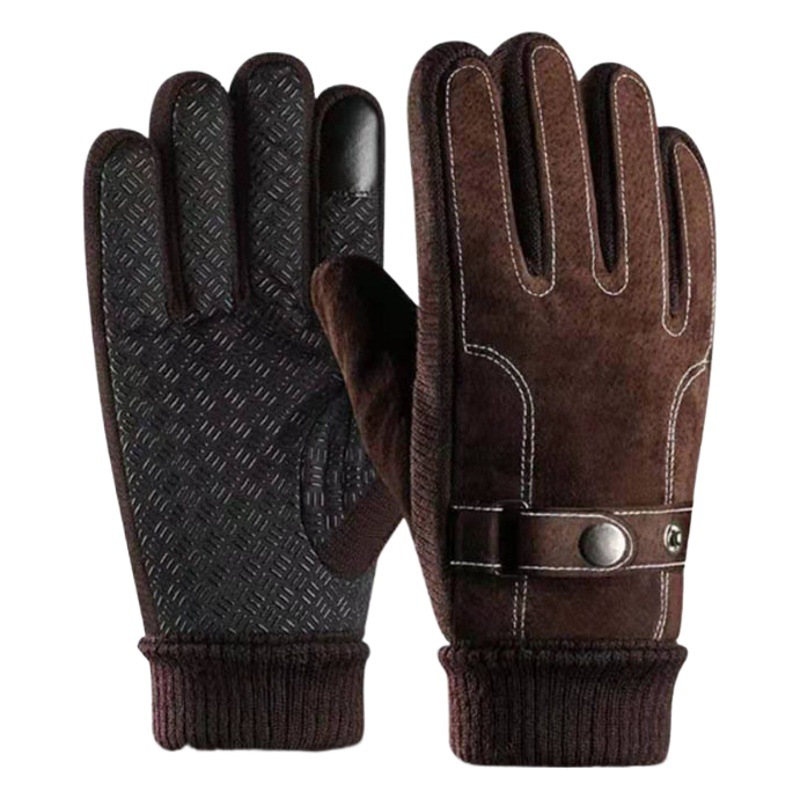 Guantes de cuero de piel de cerdo para hombre otoño e invierno al aire libre ciclismo motocicleta a prueba de viento antideslizante forrado de lana gruesa cálida pantalla táctil guantes