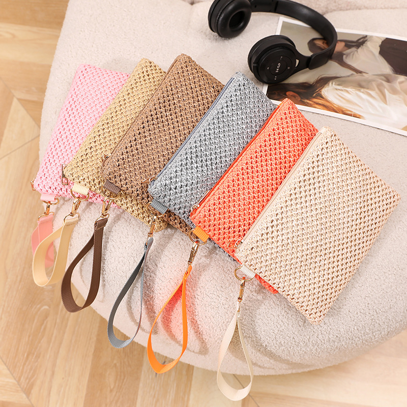 Straw Bag 2024 New Women's Cross-border Hollow Straw Beach Clutch Wrist Bag Mobile Phone Bag Cash Bag