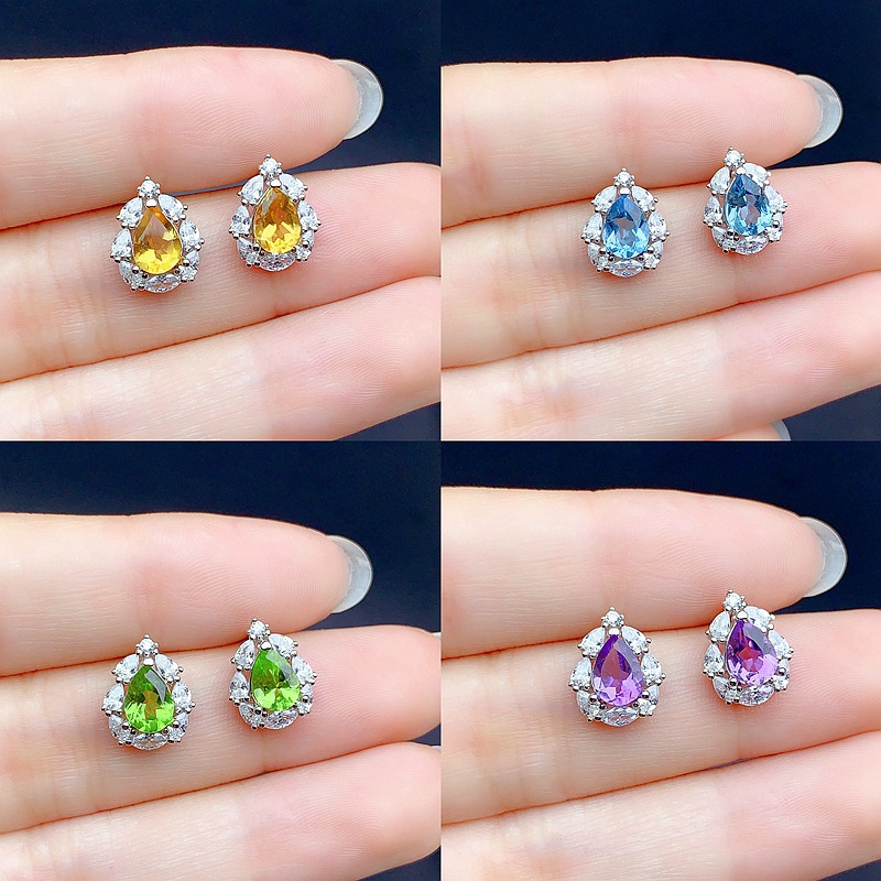 The New S925 Sterling Silver Water Drop Earrings Are Inlaid with Natural Diopside, Tanzanite and Other Colored Gemstones, Featuring a Light Luxury and Elegant Design
