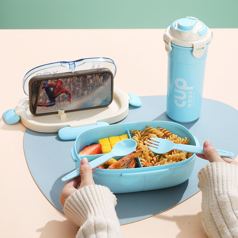 Caja de almuerzo elíptica simple con taza de agua, caja de almuerzo de estudiantes, oficina, caja de almuerzo portátil con cubiertos