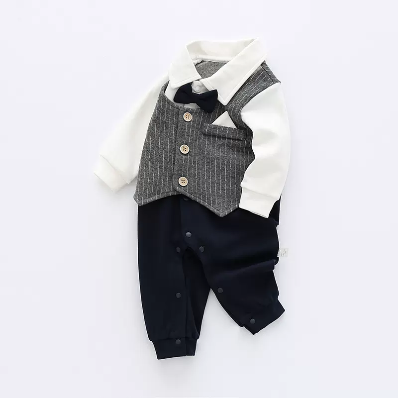 新生婴儿加厚夹棉周岁礼服秋冬季男宝宝小西装连体衣百天哈衣爬服