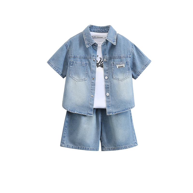 7354 traje de mezclilla para niños, camisa de manga corta de verano, traje de tres piezas, nuevo vestido para niños, verano coreano de estilo occidental
