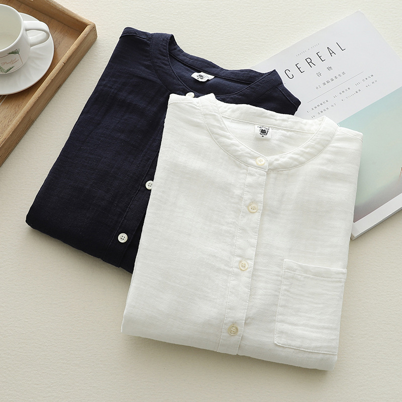 Factory Direct Sales Stand Collar Double-Layer Yarn Shirt Breathable Soft Waxy Double-Layer Cotton Yarn Long-Sleeved Shirt Women's Shirt