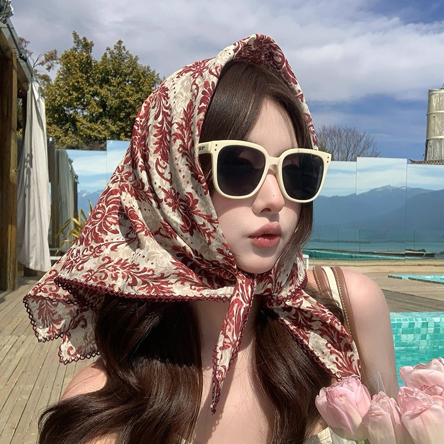 Pañuelo cuadrado de algodón estilo étnico retro mujer playa verano_voghion.com