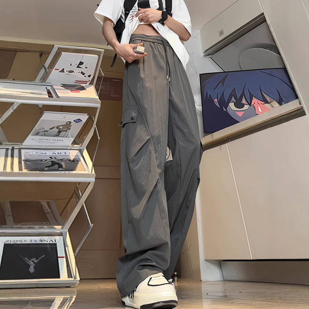 dark gray American-style overalls men's summer thin tall long quick-drying pants pleated hiking paratrooper pants