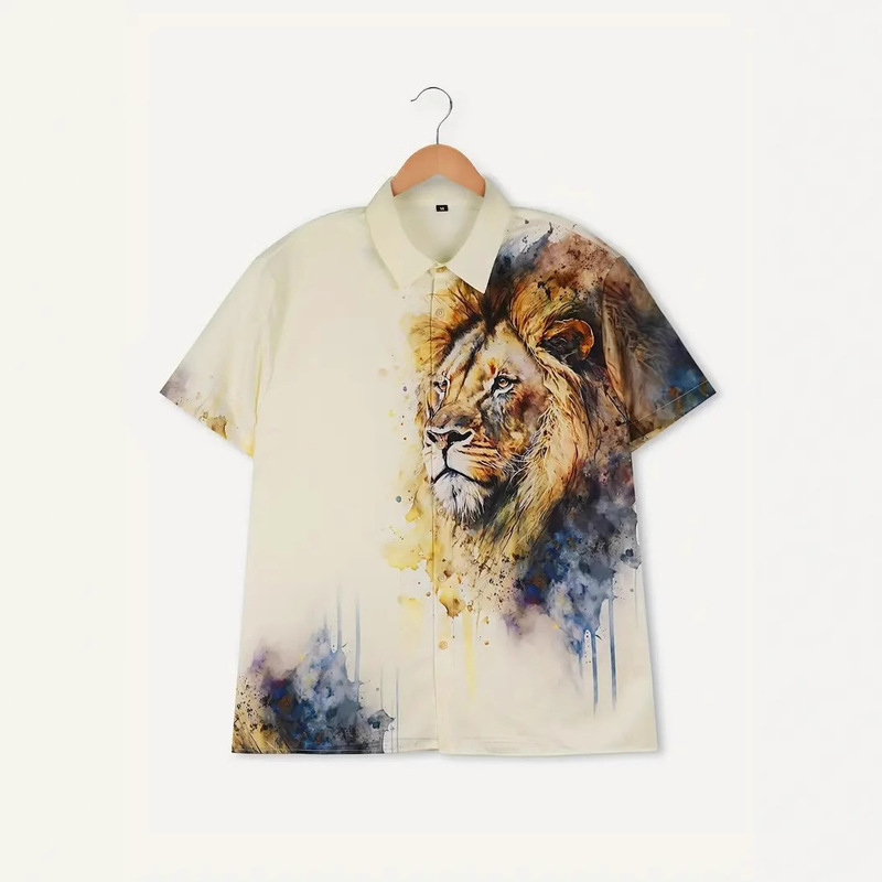 European and American Cross-Border 2025 New Casual Short-Sleeved Shirt Lion Head 3D Printed Hawaiian Short-Sleeved Shirt Pod Customization