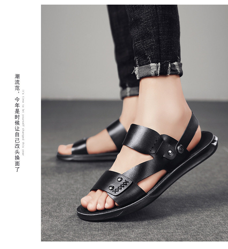 Dép sandal nam hở ngón chất liệu da PU chống trơn thoáng khí đi biển mùa hè — Màu nâu, Đen toàn bộ chi tiết 11