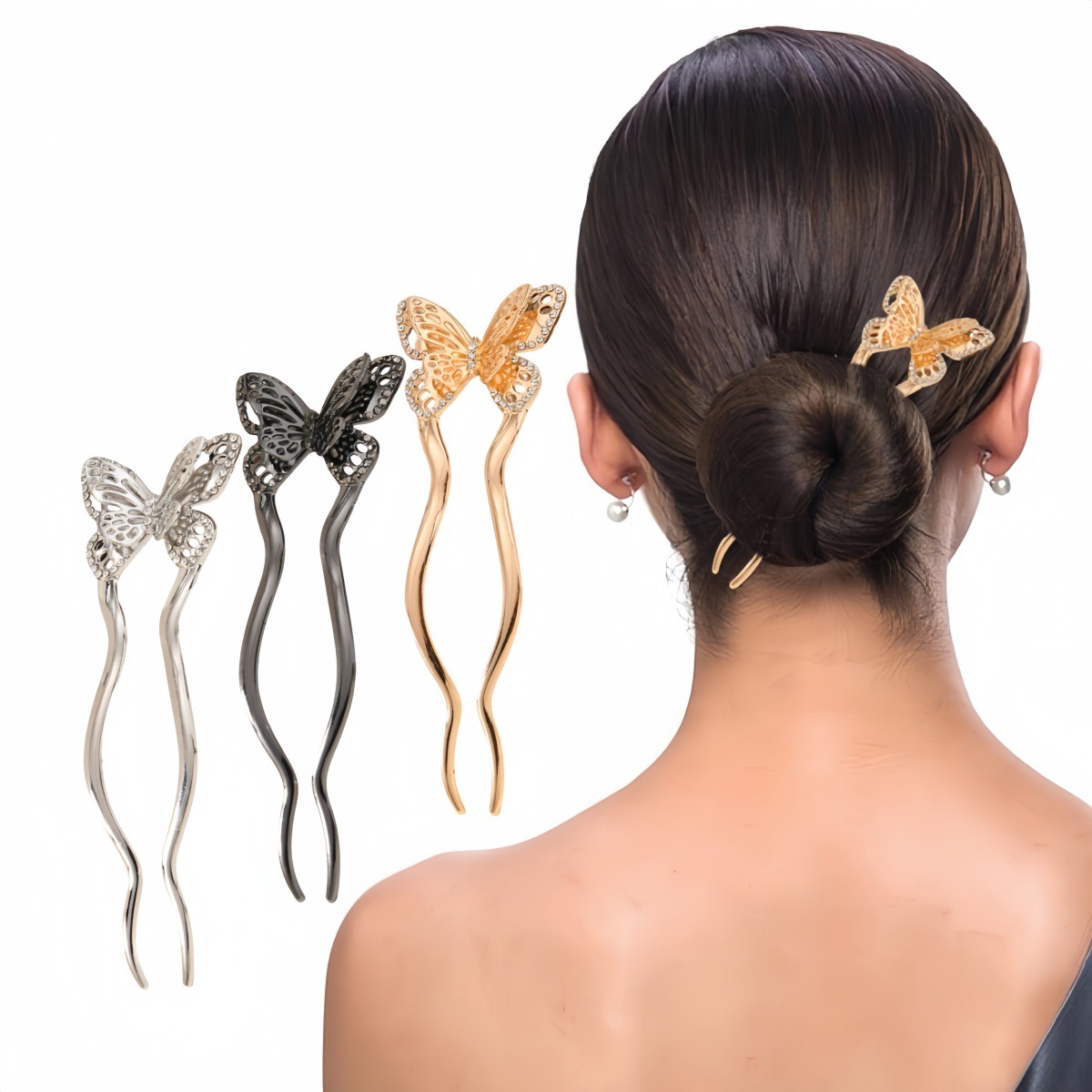 2025 nueva horquilla en forma de U, accesorios para el cabello, accesorios para el cabello, horquilla de mariposa con incrustaciones de diamantes, artefactos para el cabello, horquilla, tocado de sentido avanzado, mujer