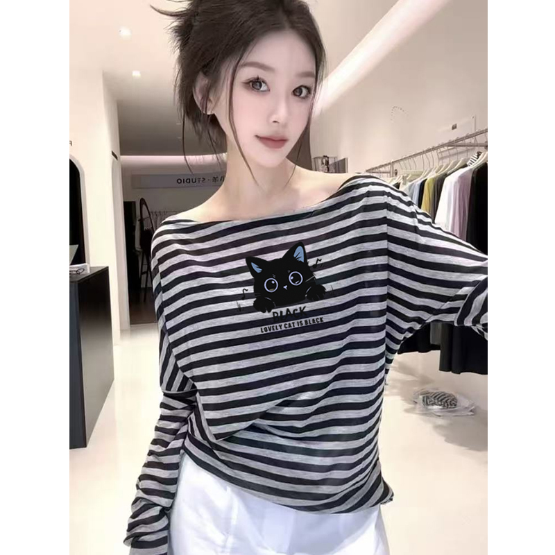 韩版黑色条纹一字领长袖t恤女春秋2025新款宽松洋气减龄百搭上衣|undefined