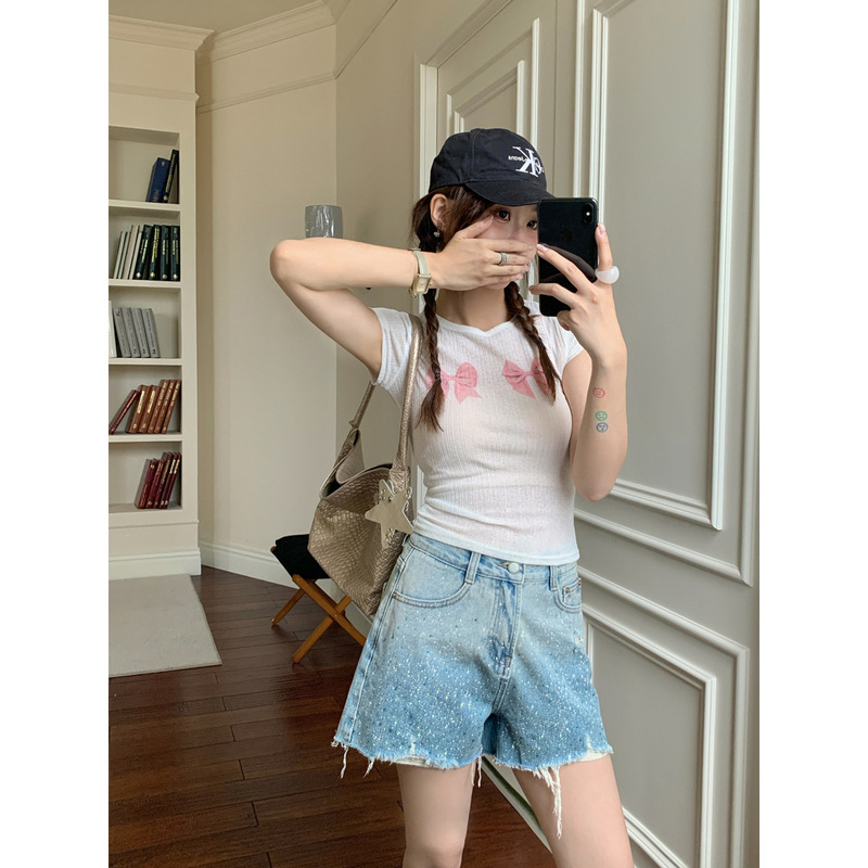 GAGD Heavy Industry Hot Drilling Rings Denim Shorts Women's Cool Hot High Waist A- line Wide Leg Hot Girl Shorts Women GAGD Heavy Industry Hot Drilling Rings Denim Shorts Women's Cool Hot High Waist A- line Wide Leg Hot Girl Shorts Women