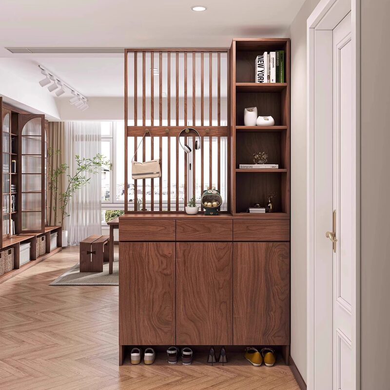 Song-Style Aesthetics North American Black Walnut Shoe Cabinet with Solid Wood Screen and Integrated Clothes Rack, Partitioned Entryway Cabinet Song-Style Aesthetics North American Black Walnut Shoe Cabinet with Solid Wood Screen and Integrated Clothes Rack, Partitioned Entryway Cabinet