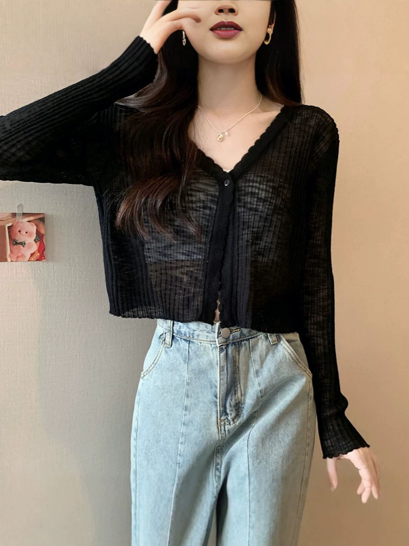 Áo len dệt kim cổ chữ V dài tay mỏng nhẹ chống nắng mùa hè — đen