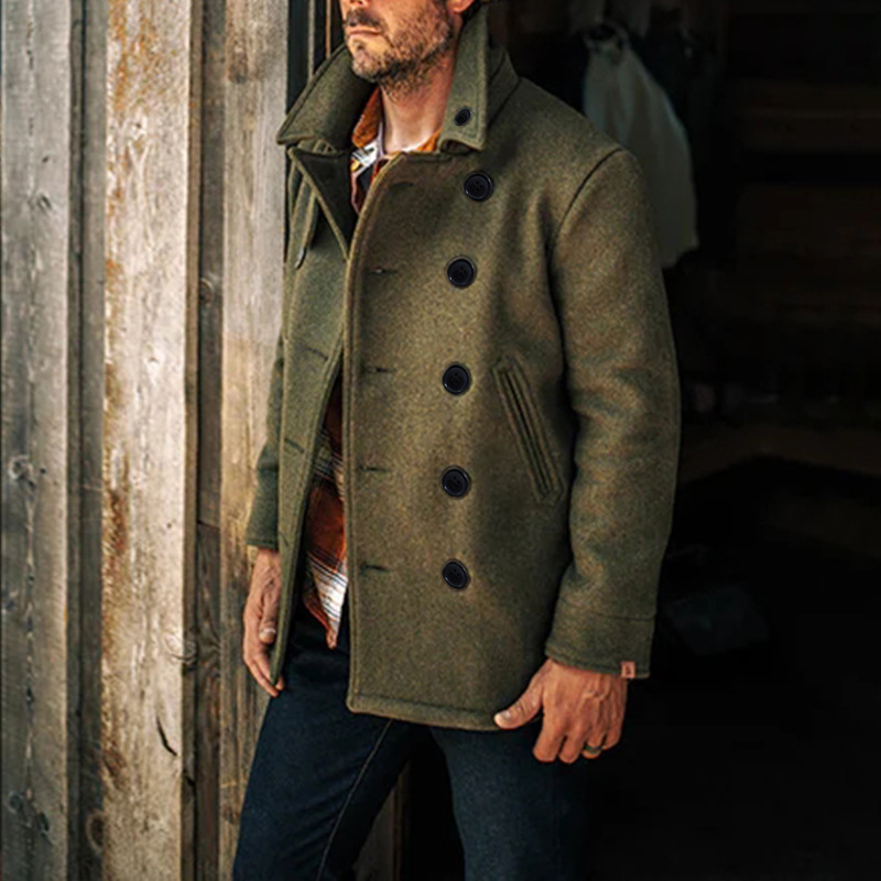 2024 Autumn/Winter Double breasted Jacket Men's British Style Fashion Solid Color Woolen Coat_voghion.com