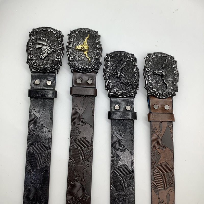 Nuevo cinturón de mezclilla occidental transfronterizo para hombres, hebilla de cabeza de toro impresa pesada, cinturón de cuero retro de moda al por mayor