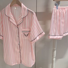 维密同款条纹粉睡衣女烫钻短袖短裤长款开衫甜美家居服女春夏2026