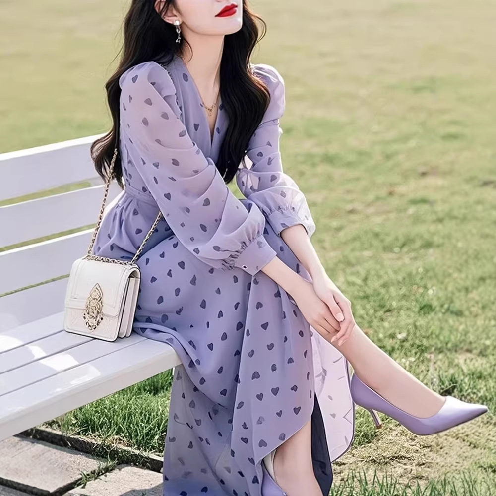 Váy dài maxi nữ họa tiết hoa tình yêu kiểu Pháp cổ điển — Hoa tím chi tiết 3