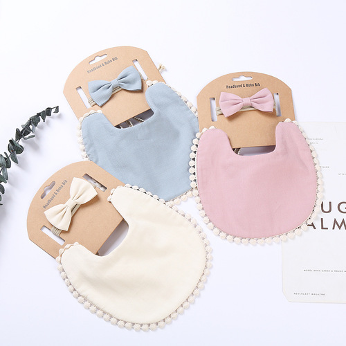 Cross-border new baby solid color lace saliva towel baby anti-vomiting children's bib pocket bow headband set