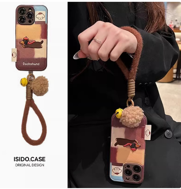 Cachorro bordado de dibujos animados iphone15 cuero 16ProMax funda para teléfono móvil apple 13 pareja 14 cordón 16