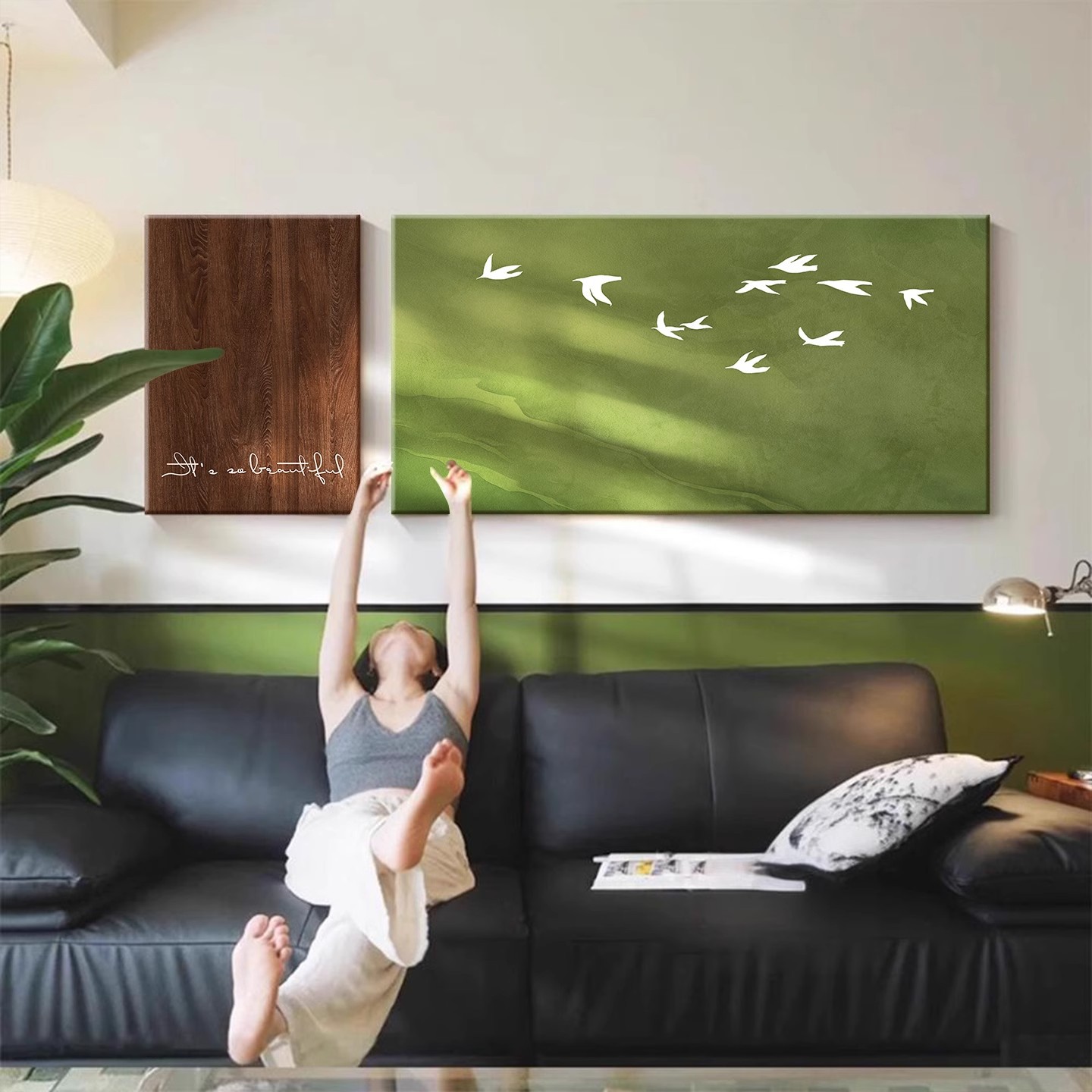 Medieval Style Living Room Sofa Background Wall Decoration Painting Hanging Painting Green Scenery French Niche Art Combination Mural