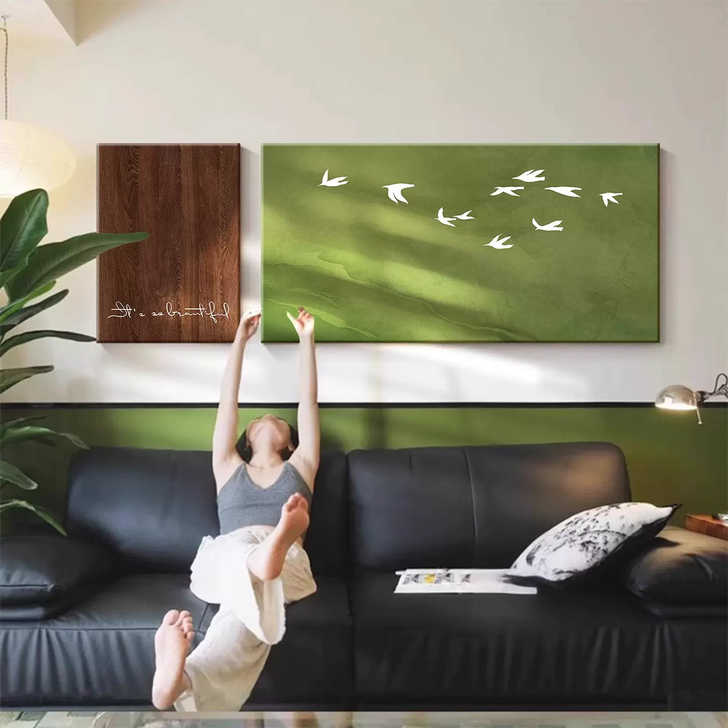 中古风客厅沙发背景墙装饰画挂画绿色风景法式小众艺术组合壁画