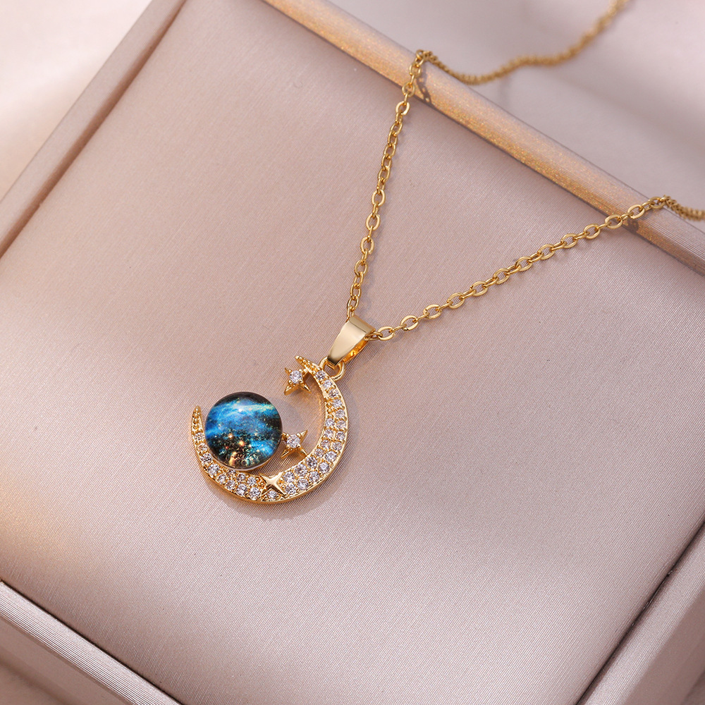 Titanium Steel Material Wholesale Jewelry Vintage Style Geometric Starry Sky Titanium Steel Diamond Pendant Necklace