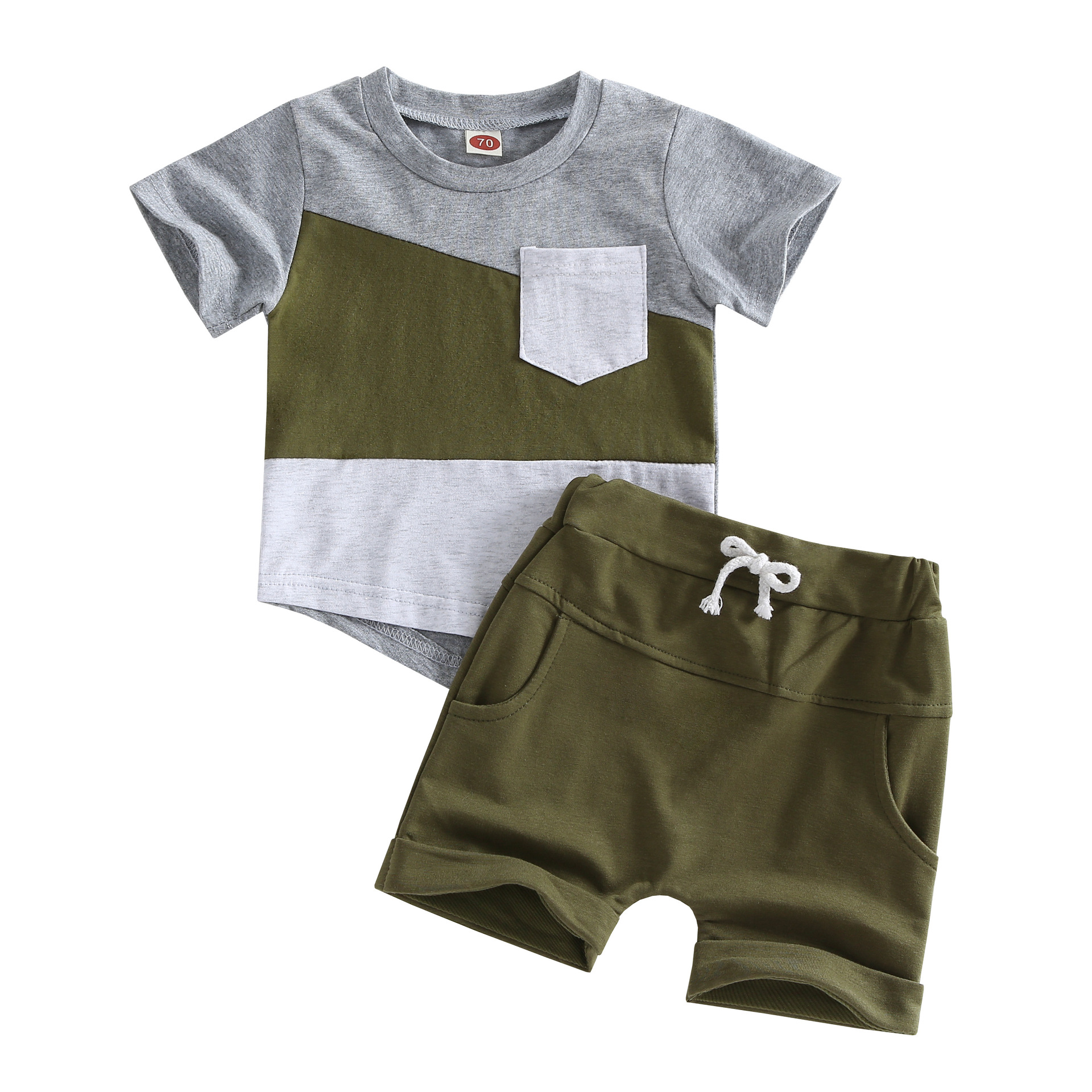 Children's foreign trade short sleeve shorts stitching suit summer striped stitching pure cotton stitching pocket suit