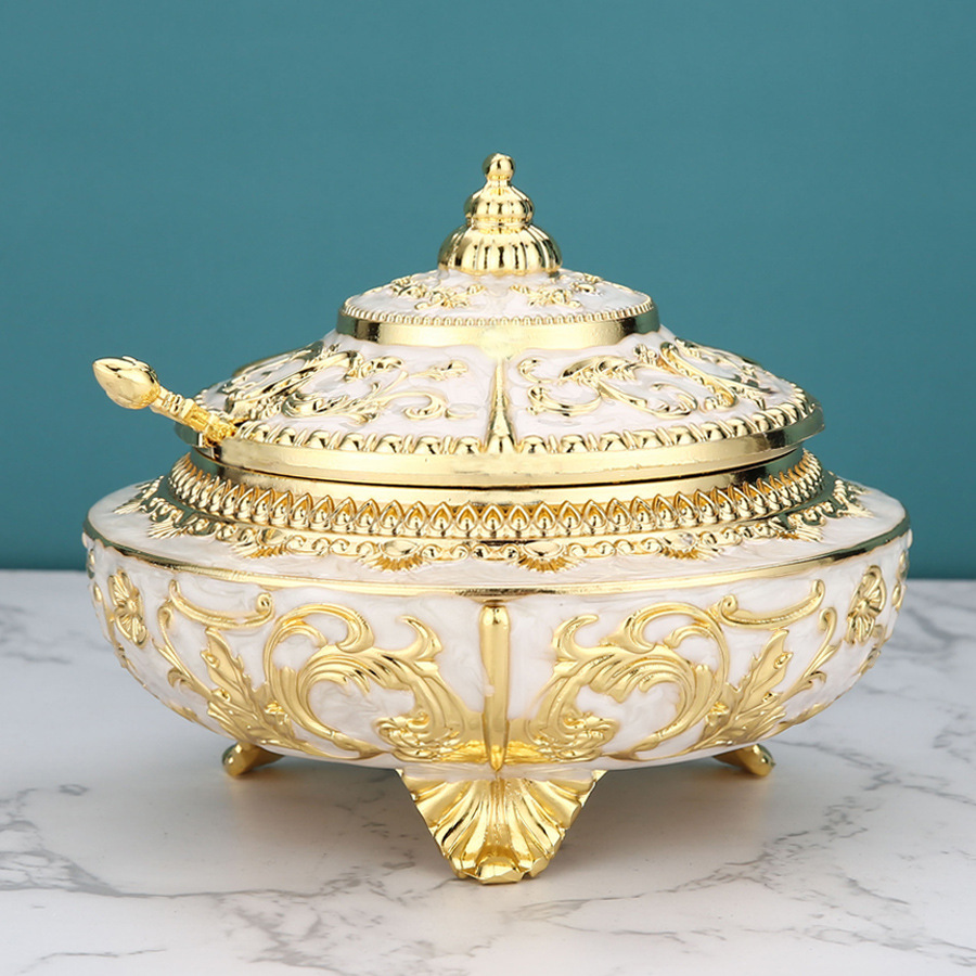 欧式糖盅合金工艺品家用玻璃调味品创意复古蜂蜜咖啡糖缸容器摆件