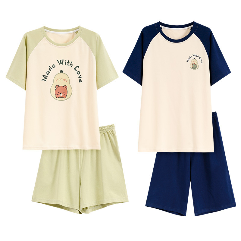 Pajamas de pareja de verano de algodón de verano pantalones cortos de mangas cortas de dibujos animados para hombres nuevos sets de ropa casera para mujeres sin impresión
