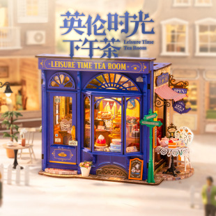 Ruolai British Time Afternoon Tea DIY Cottage Wooden Assembly Miniature Scene Model Building Blocks Gift for Women
