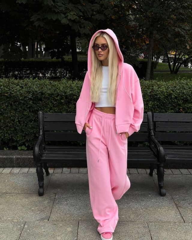 国境を越えた貿易 AliExpress 婦人服新しいジッパーフード付きスポーツカーディガンレースアップパンツツーピースカジュアルスーツ|undefined