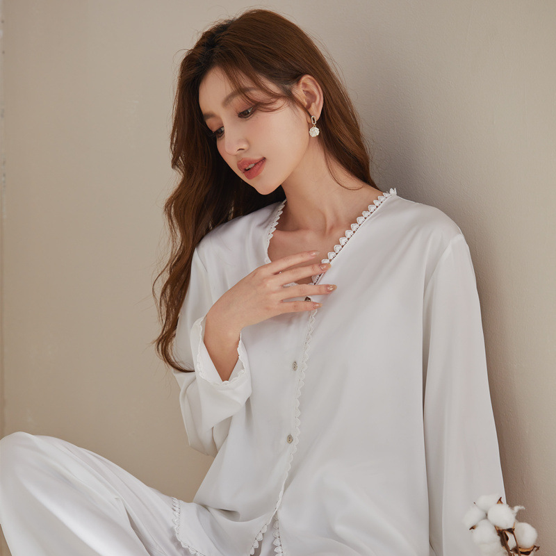 New 2025 Spring and Summer Pajamas Women's Ice Silk Pure Love Lace Solid Color Long Sleeve Two-Piece Home Clothes
