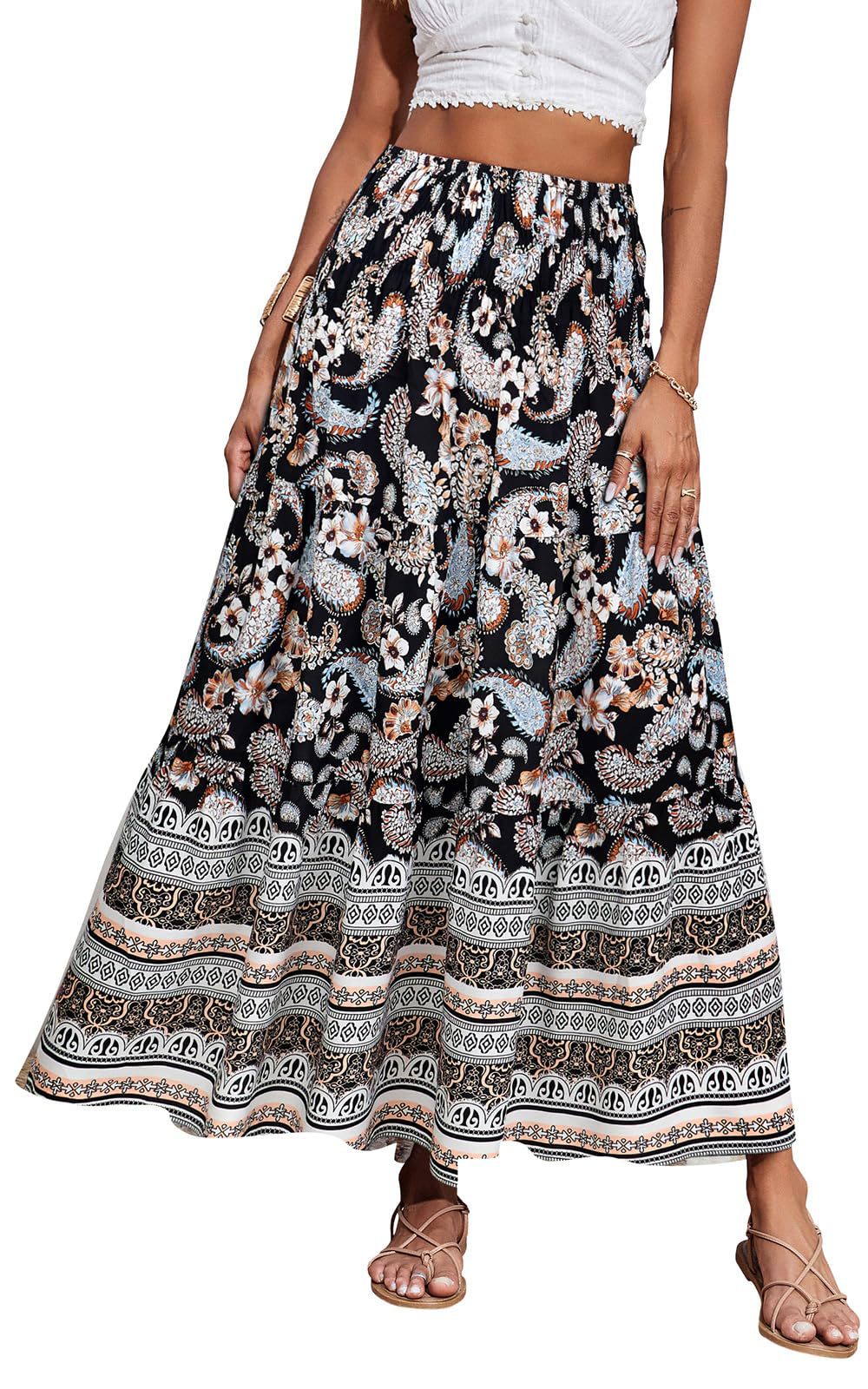 New European And American Printed Flared Bohemian Casual High-waisted Long Skirt, Beach Skirt For Women_ecoleips.com