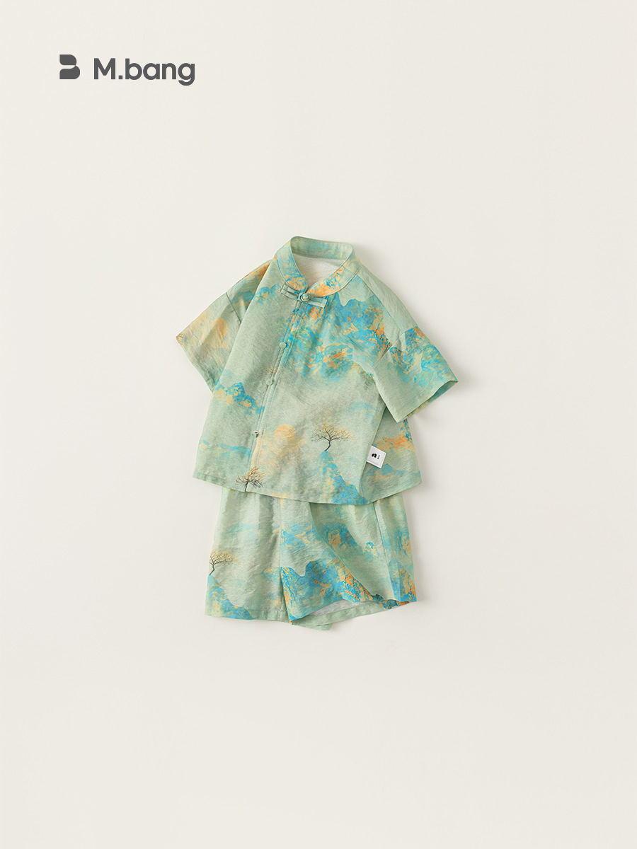 Youbao ropa para niños traje Hanfu para niños estampado de estilo chino 2025 verano niño hebilla de disco pantalones cortos Tang traje de dos piezas