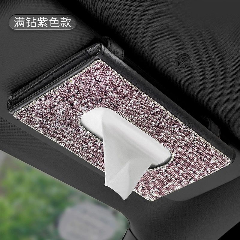 Caja de pañuelos de visera de coche asiento trasero de cuero clip de tejido incrustado de diamantes de imitación de mujer de moda creativa caja de pañuelos de coche