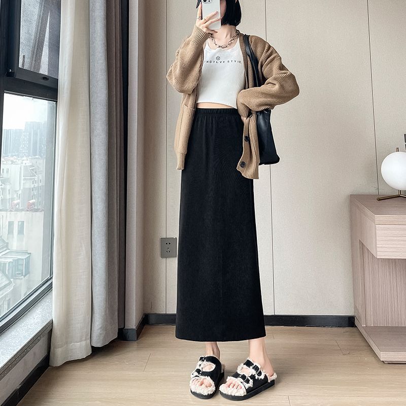 美拉德穿搭棕色半身裙女秋冬高腰直筒中长款灯芯绒a字开叉一步裙|undefined