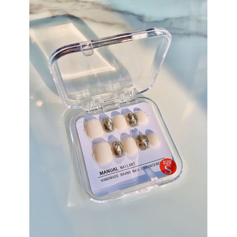 [original Real Shot] Purely Handmade Wearable Nails Douyin Internet Celebrity Popular Nail Art Stickers Bean Milk Color Champagne Full of Diamonds