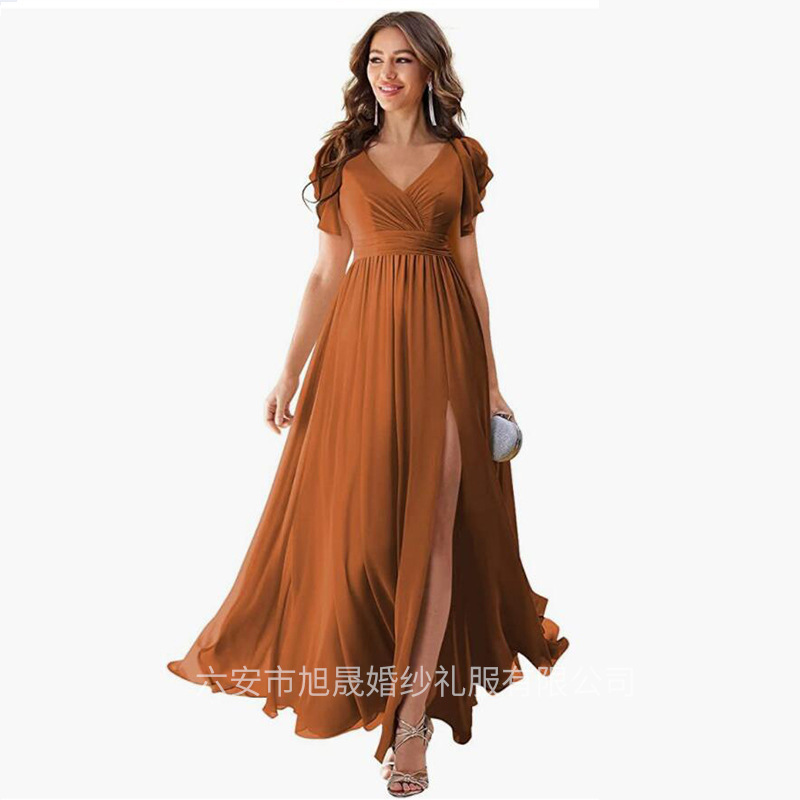 Ruffle sleeve slit chiffon bridesmaid dress long v-neck formal chiffon maxi dress cocktail party evening dress Ruffle sleeve slit chiffon bridesmaid dress long v-neck formal chiffon maxi dress cocktail party evening dress