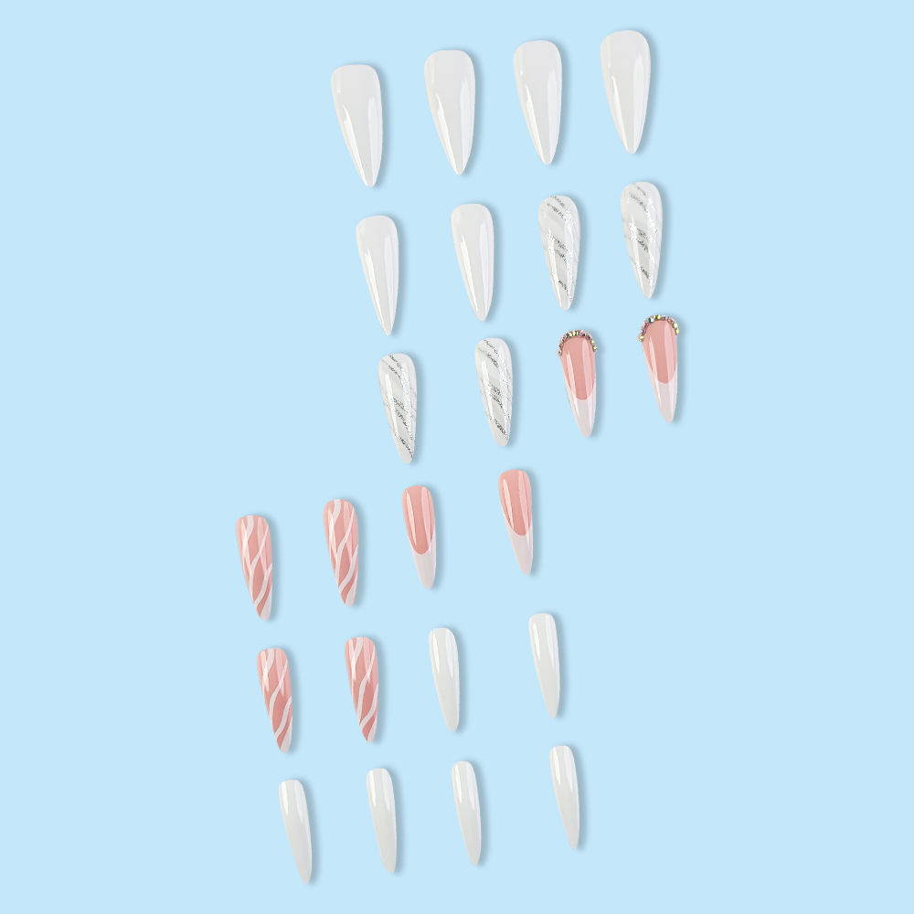 Parches de uñas postizas de moda europea y americana, parches de uñas postizas francesas a cuadros, manicura larga rosa con forma de gota de agua
