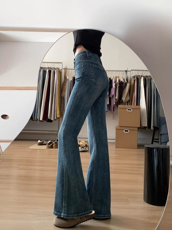アメリカンレトロホットガールハイウエストマイクロフレアジーンズ女性用、ダメージ加工ストレッチストレートレッグスリム馬蹄パンツトレンディ|undefined