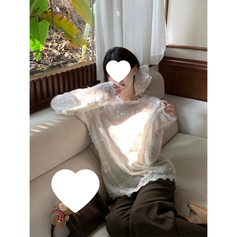 法式蕾丝钩花长袖针织衫女装秋季宽松套头毛衣设计感薄款白色上衣|undefined