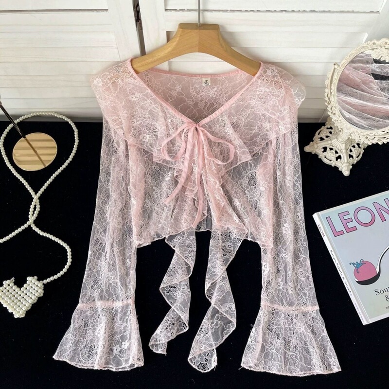 Pure Desire Style V-Neck Sun Protection Jacket for Women, Thin Summer Lace Bell Sleeve Tie Cardigan Coat Shawl Cover-Up Pure Desire Style V-Neck Sun Protection Jacket for Women, Thin Summer Lace Bell Sleeve Tie Cardigan Coat Shawl Cover-Up