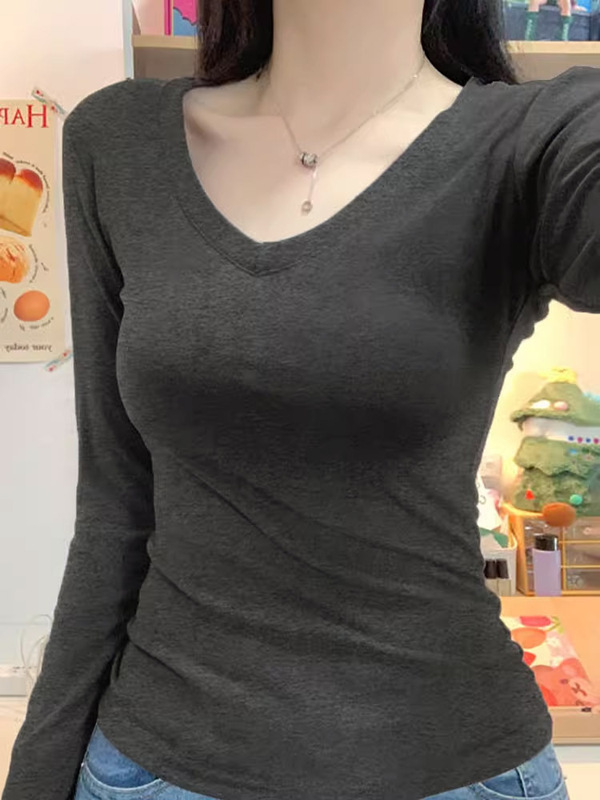 长袖t恤女春秋季薄款紧身修身显瘦打底衫内搭v领正肩外穿黑色上衣|undefined